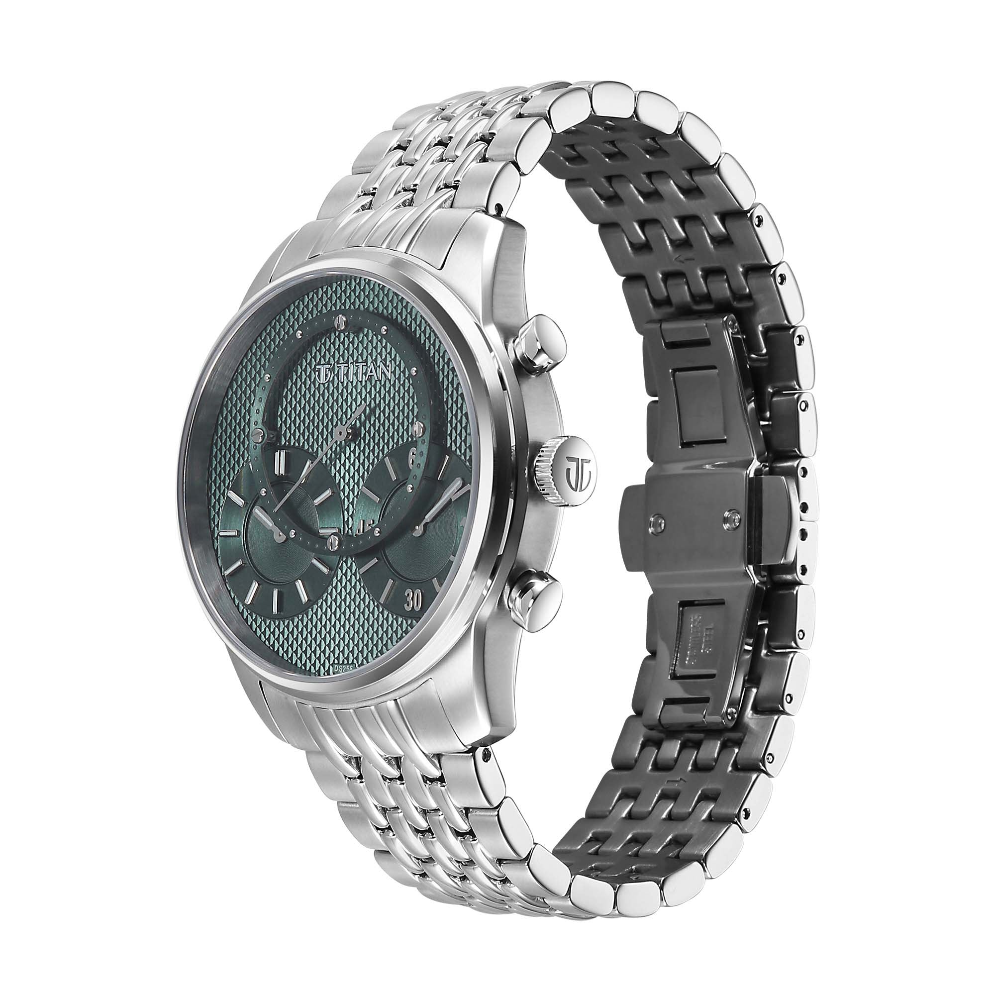 Side view of Titan men's analog watch with green dial, silver stainless steel strap, & 2 sub-dials.