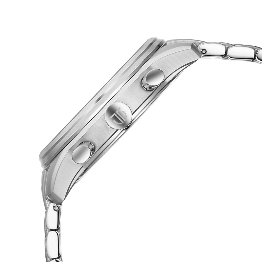 Side view of Titan Micromotors men's analog stainless steel watch with crown and pushers on a strap.