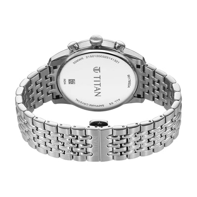 Back view of Titan Micromotors men's stainless steel watch showing engraved case back clasp details.