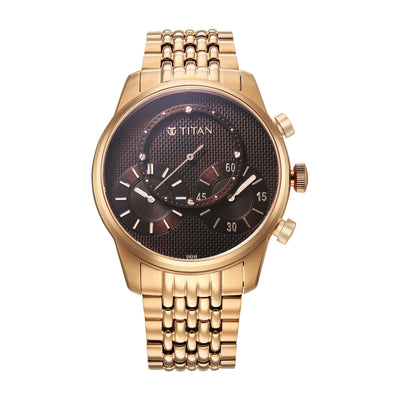 Titan Micromotors analog men’s watch with a brown dial & a rose gold stainless steel strap for men.