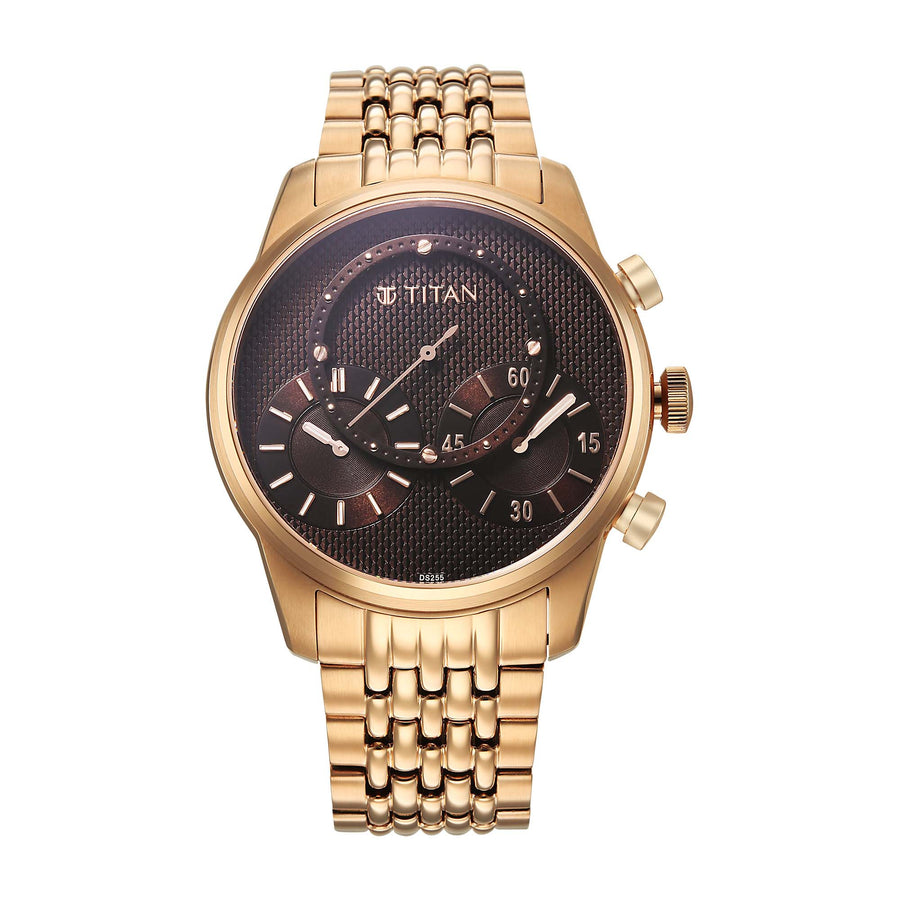 Titan Micromotors analog men’s watch with a brown dial & a rose gold stainless steel strap for men.