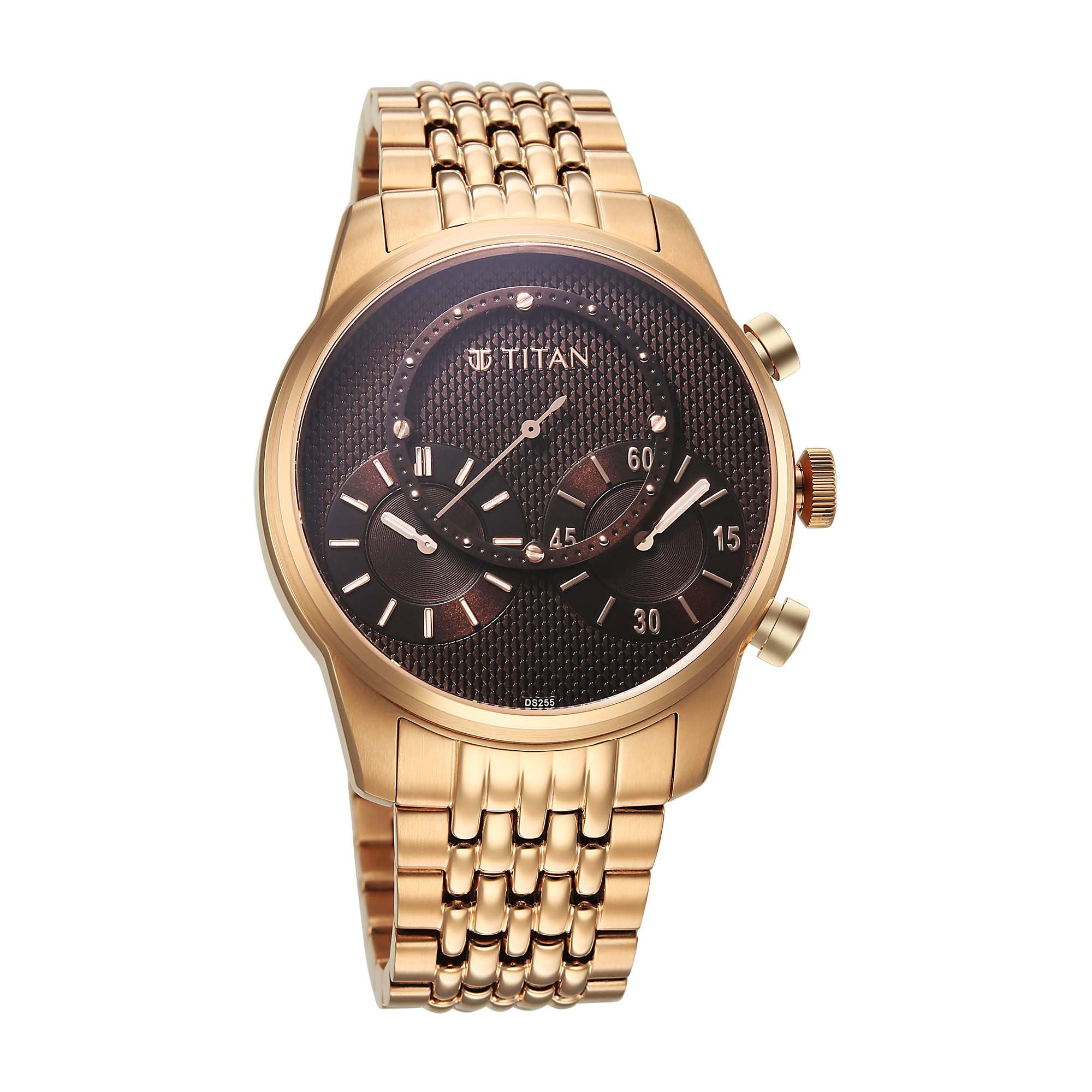 Titan Micromotors analog men's watch with independent hour, minute, & sub-dials, with a brown dial.