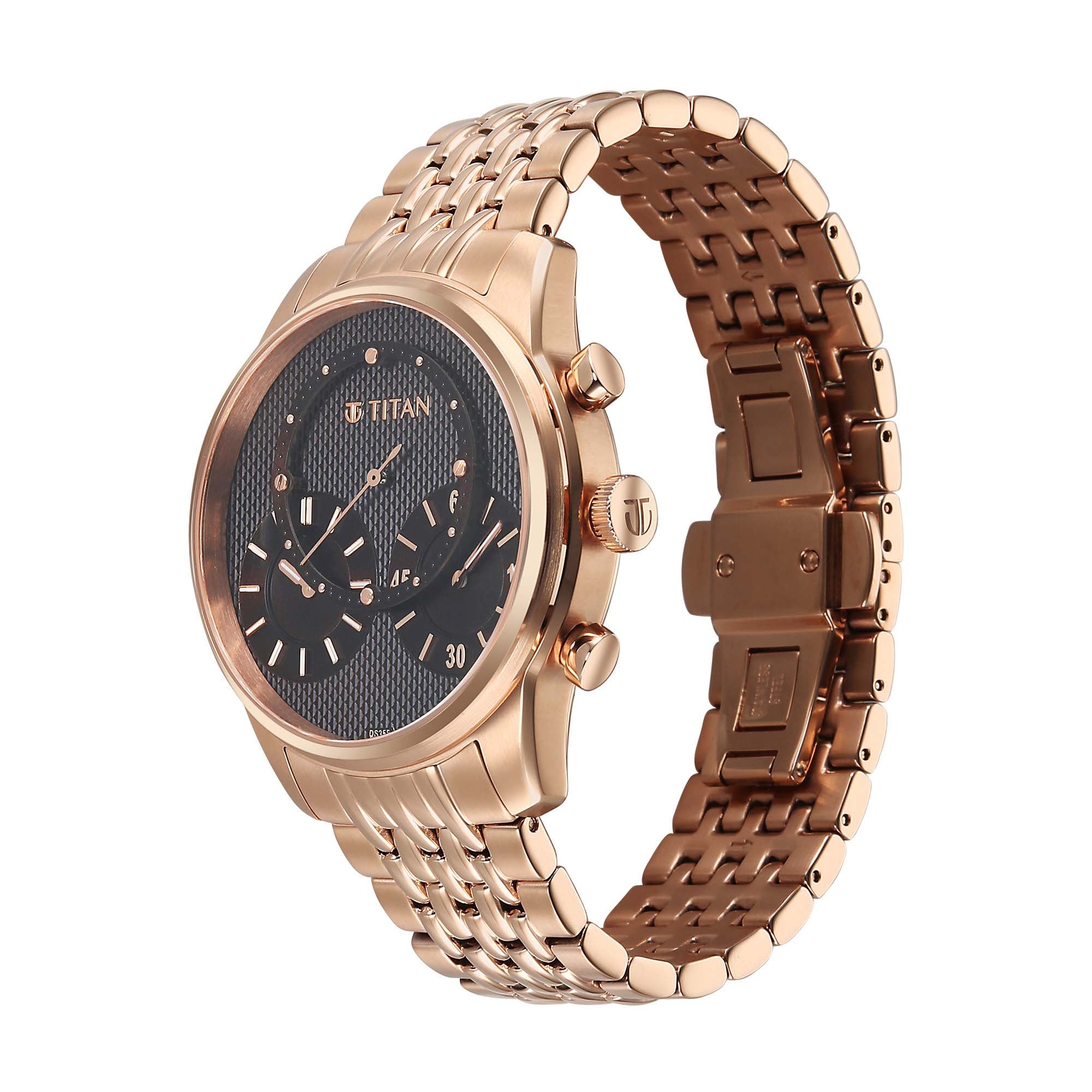 Side view of Titan men's analog watch of rose gold steel with brown dial and independent sub-dials.