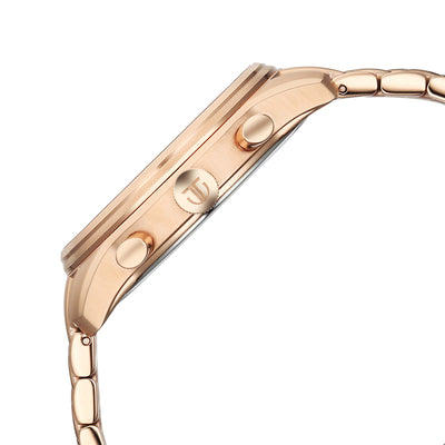 Side view of Titan men's analog watch, rose gold stainless steel watch showing crown & push buttons.