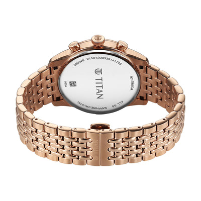 Back view of Titan analog watch for men, rose gold stainless steel watch with an engraved caseback.