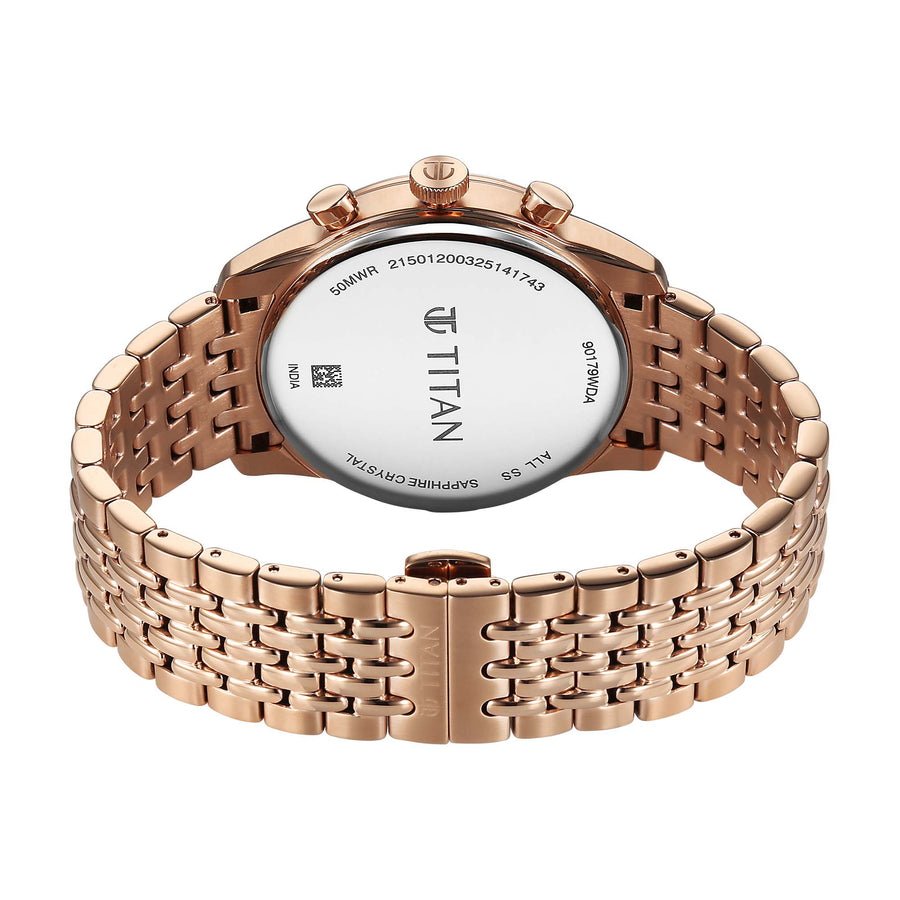 Back view of Titan analog watch for men, rose gold stainless steel watch with an engraved caseback.