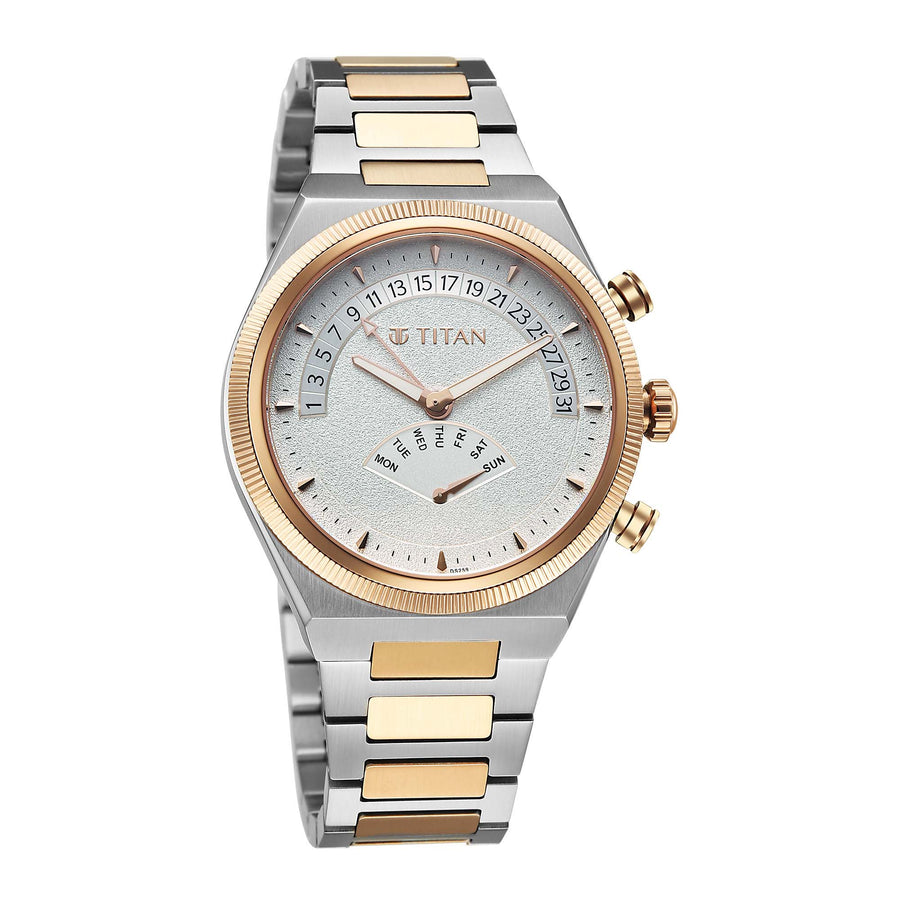 Titan Micromotors Analog with Retrograde Day and Date and Silver Dial Dual Tone Pink Stainless Steel Strap Watch for Men