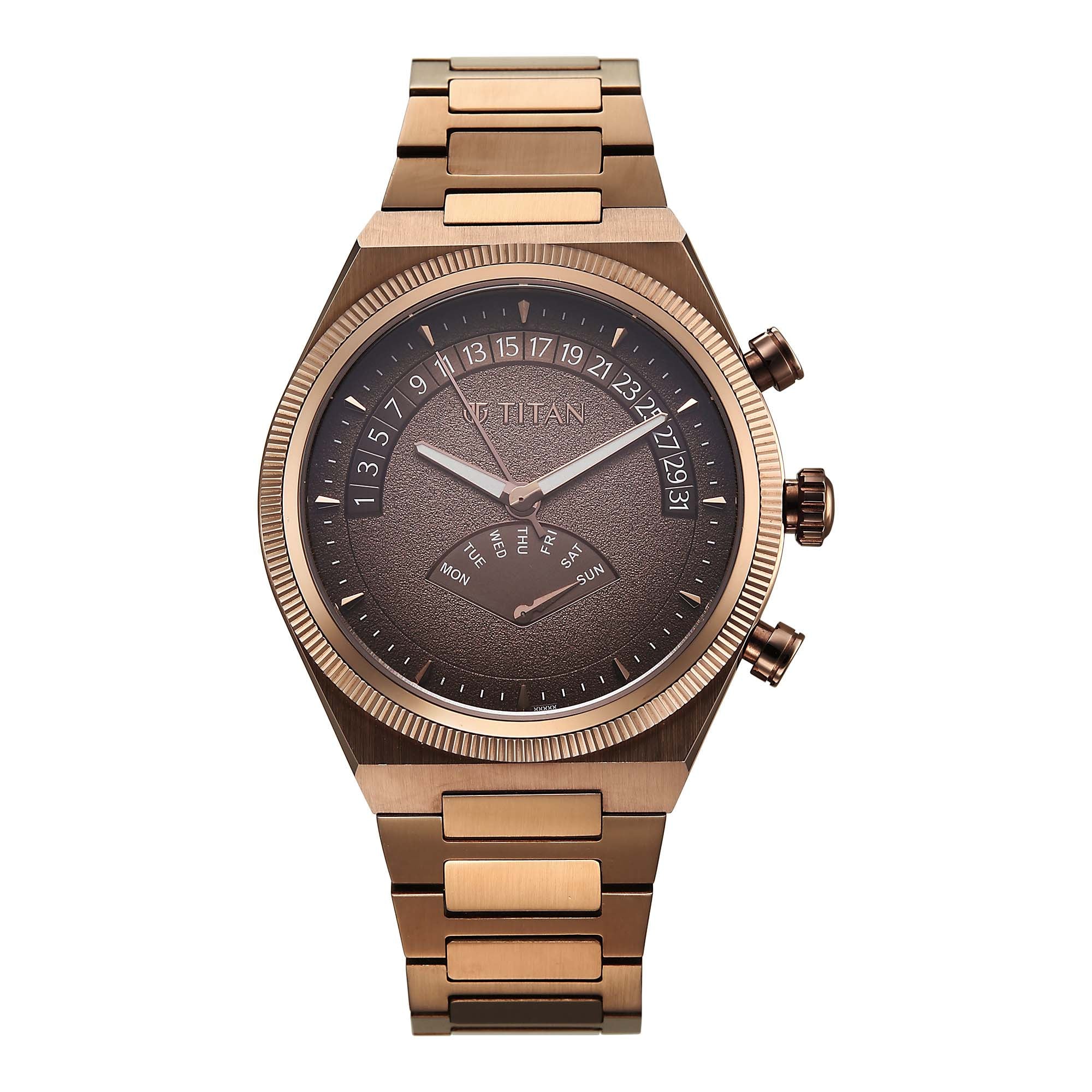 Titan Micromotors Analog watch with brown coffee dial, retrograde day & date, stainless steel strap.