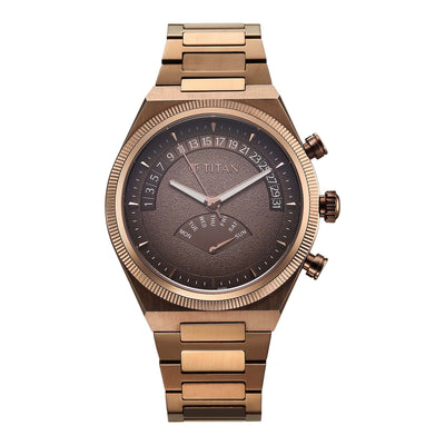 Titan Micromotors Analog watch with brown coffee dial, retrograde day & date, stainless steel strap.