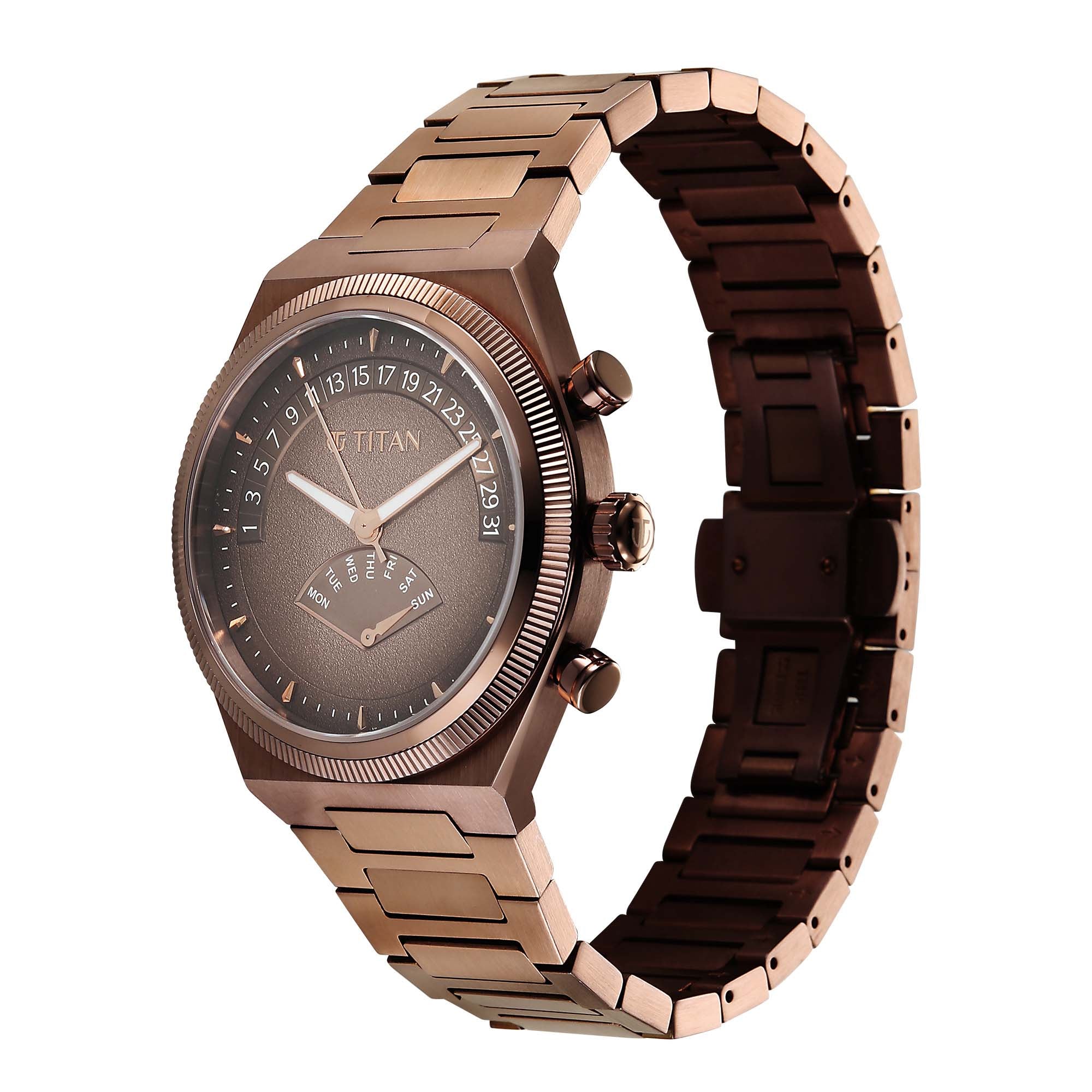 Side view of Titan Micromotors analog watch for men with retrograde day date and coffee steel strap.