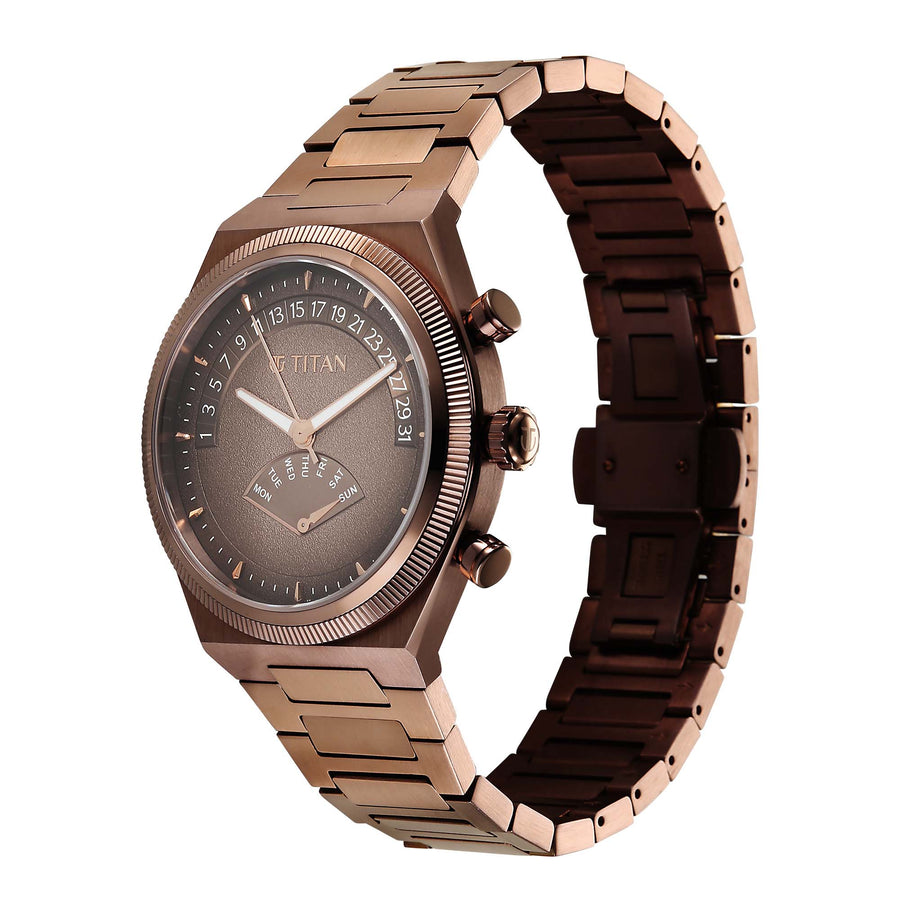 Side view of Titan Micromotors analog watch for men with retrograde day date and coffee steel strap.