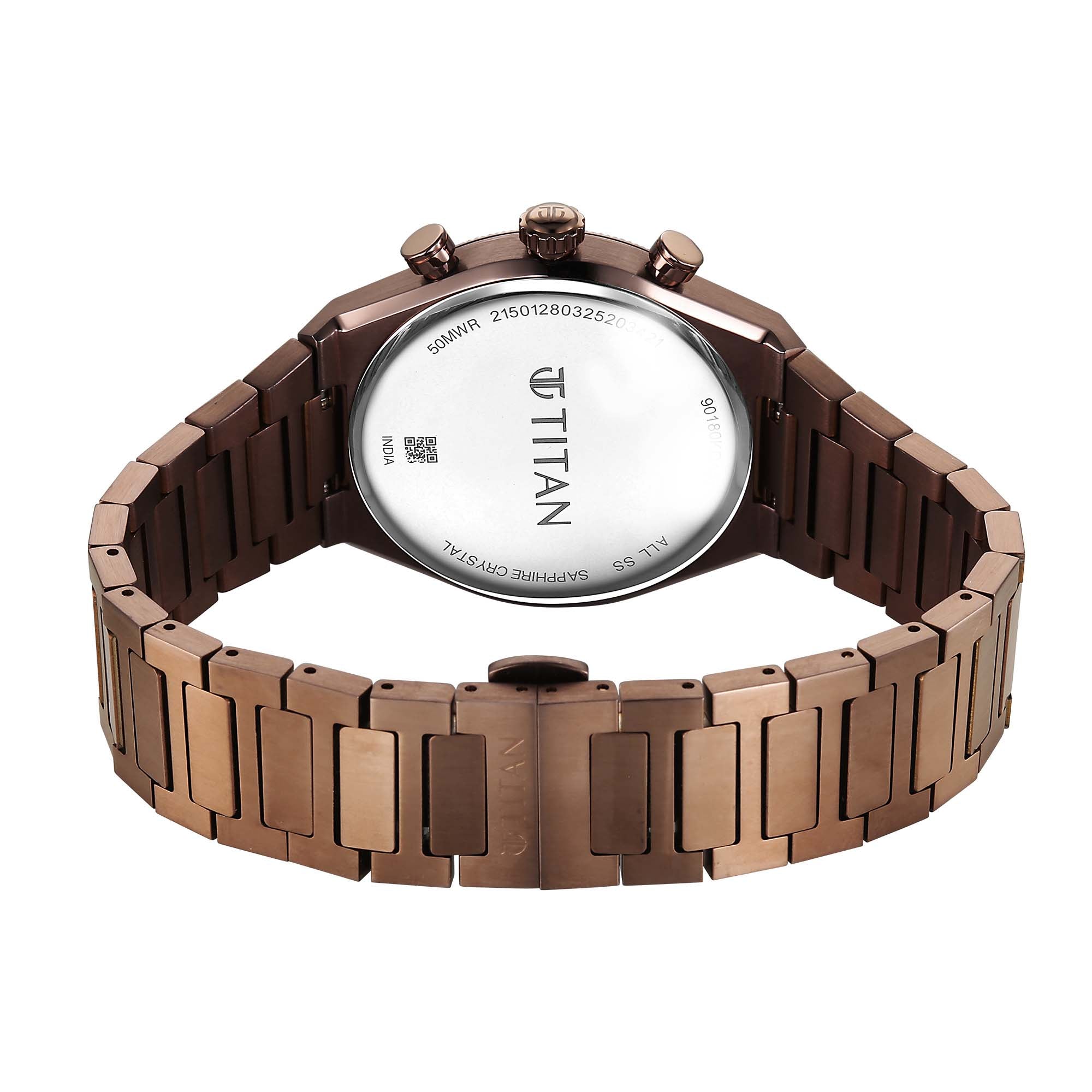 Back view of the coffee Titan Micromotors Analog watch showing the caseback and coffee steel strap.