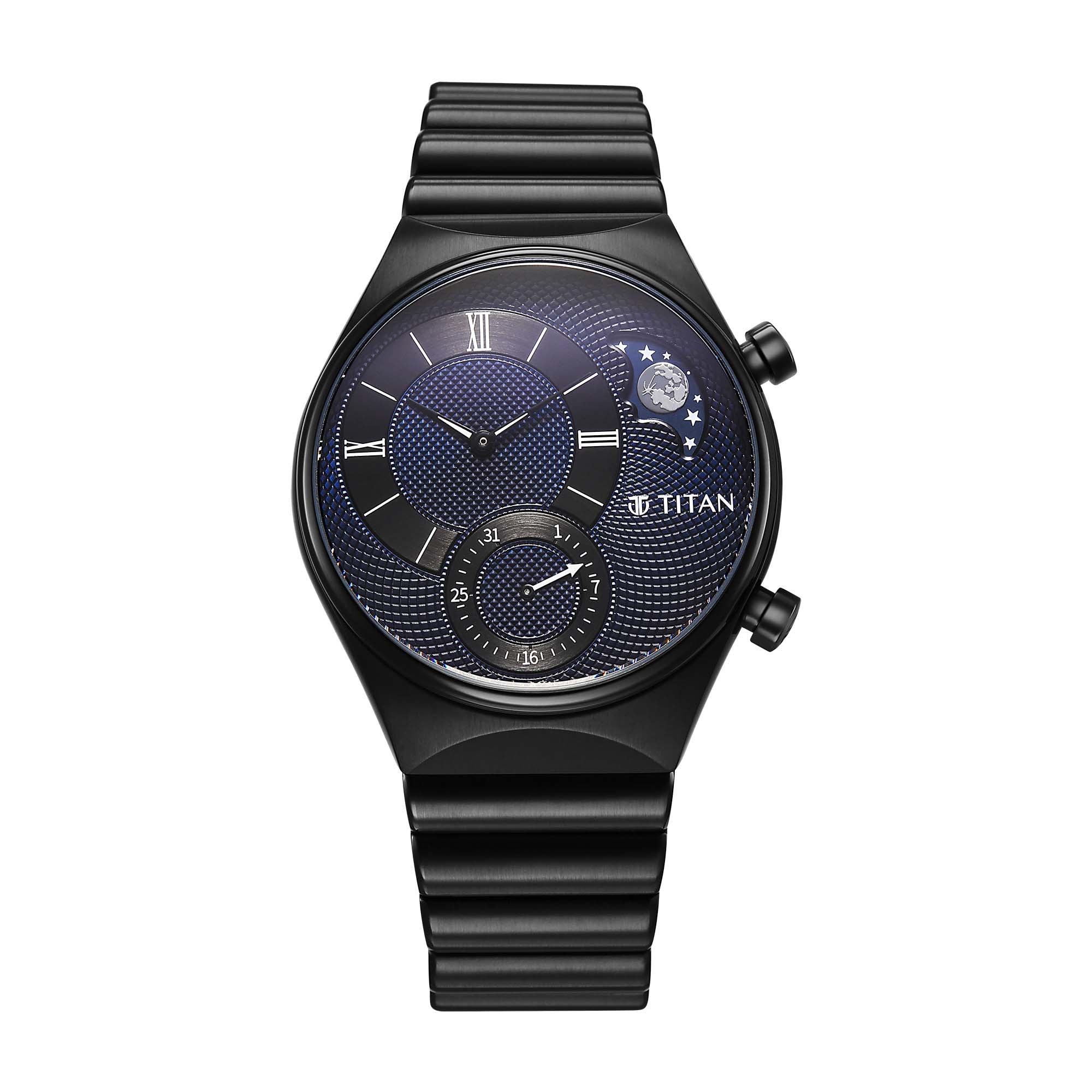 Titan Classique Micromotors Blue Dial Black Stainless Steel Strap Analog Watch for Men