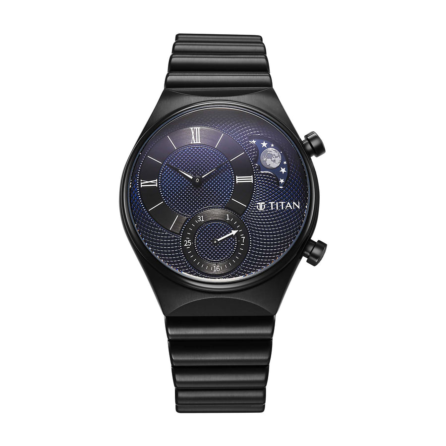 Titan Classique Micromotors Blue Dial Black Stainless Steel Strap Analog Watch for Men