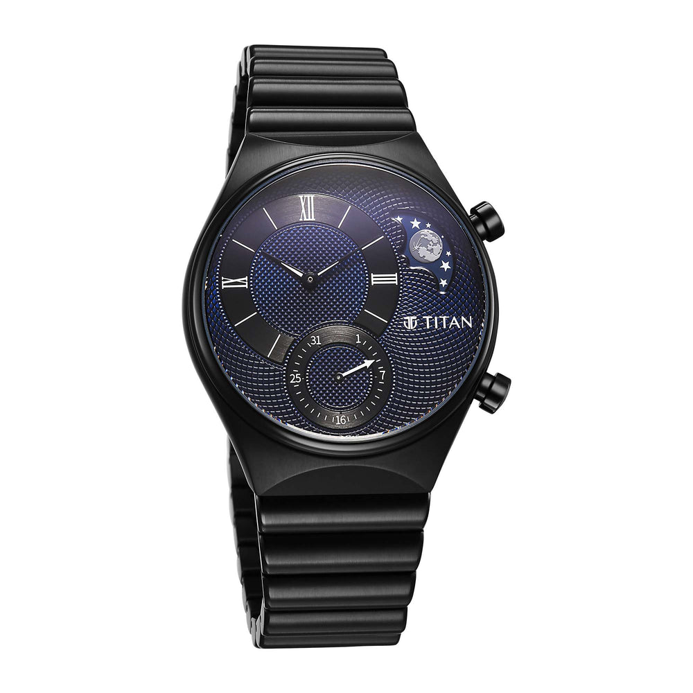Titan Classique Micromotors Blue Dial Black Stainless Steel Strap Analog Watch for Men