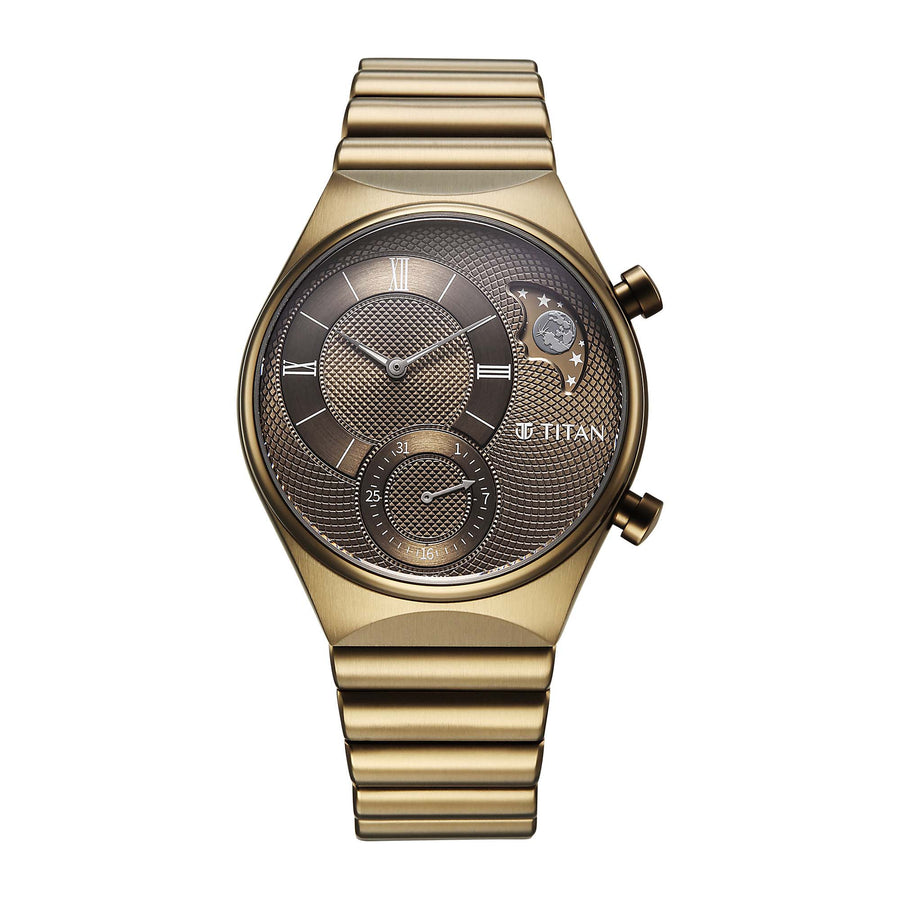 Khaki Titan Micromotors analog watch for men with sun-moon & date subdials & a matching steel strap.