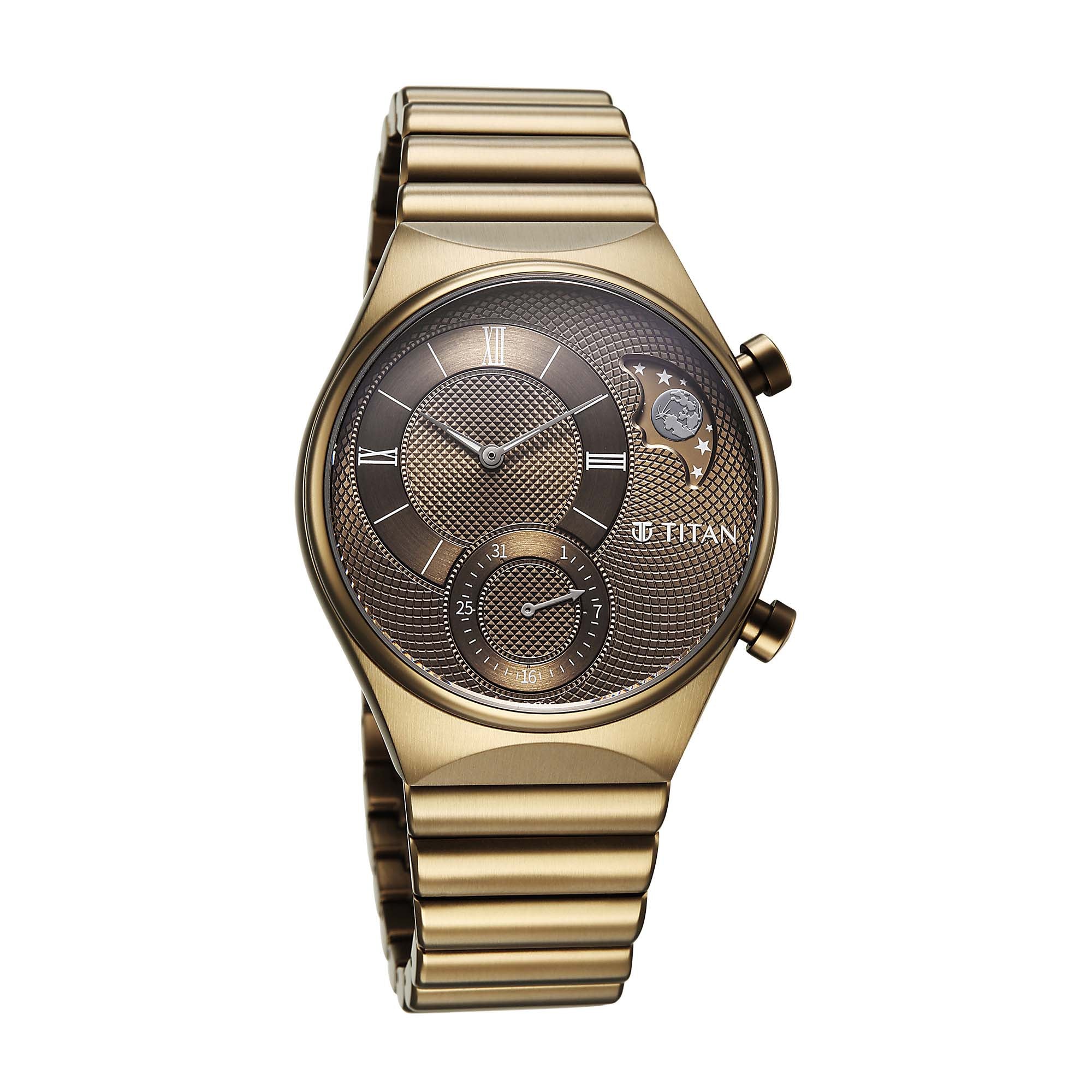 Angled shot of Khaki Titan Micromotors Analog watch showing its textured dial and twin side pushers.