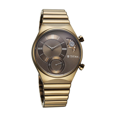 Angled shot of Khaki Titan Micromotors Analog watch showing its textured dial and twin side pushers.