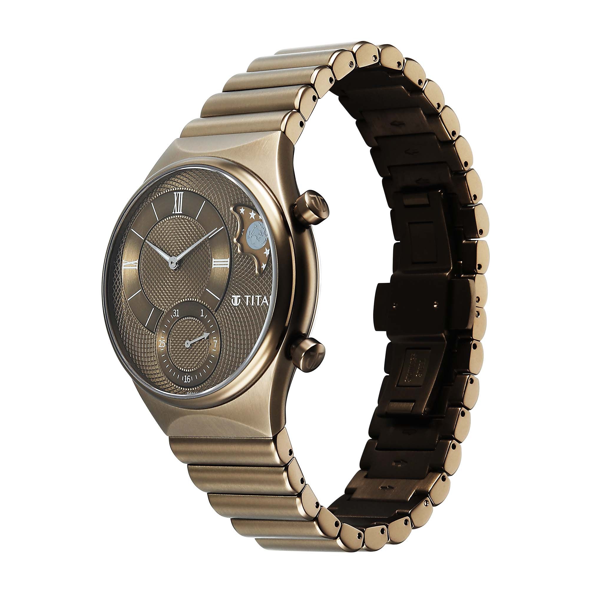 Close-up of the Khaki Titan Micromotors Analog watch dial showing sun-moon phase and date sub-dials.