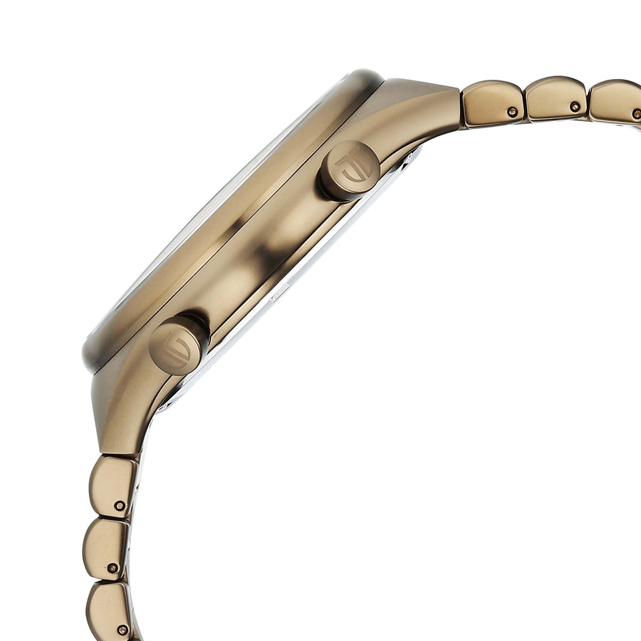 Side profile of the khaki Titan Micromotors Analog watch showing smooth bezel and dual side pushers.