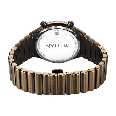 Back view of khaki Titan Micromotors Analog watch showing the caseback & rounded link steel strap.