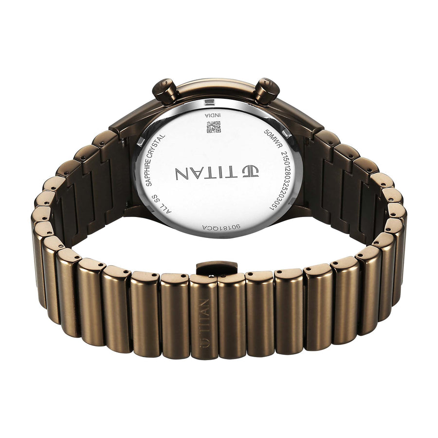 Back view of khaki Titan Micromotors Analog watch showing the caseback & rounded link steel strap.