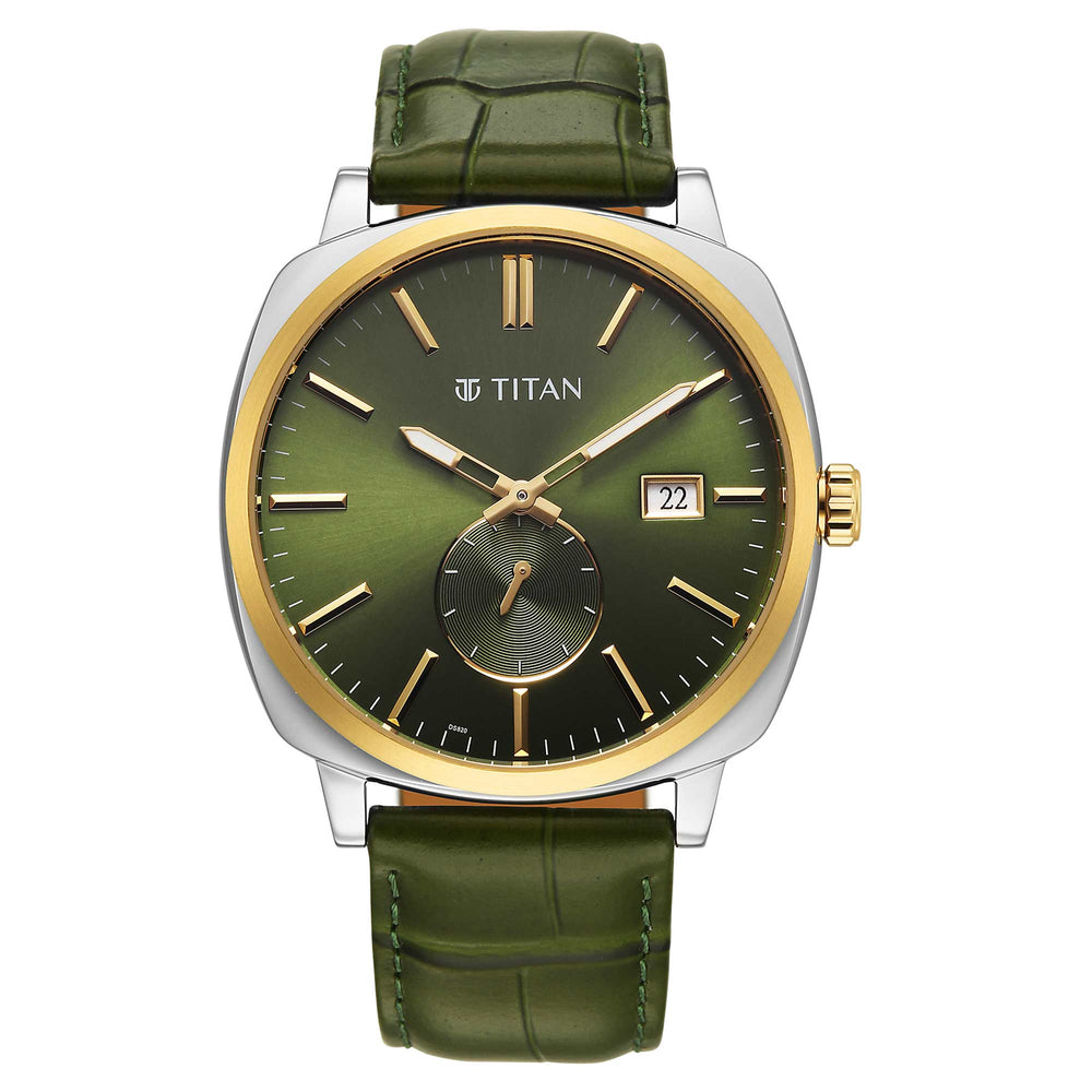 Titan Green Dial Leather Strap Analog with Date Watch for Men