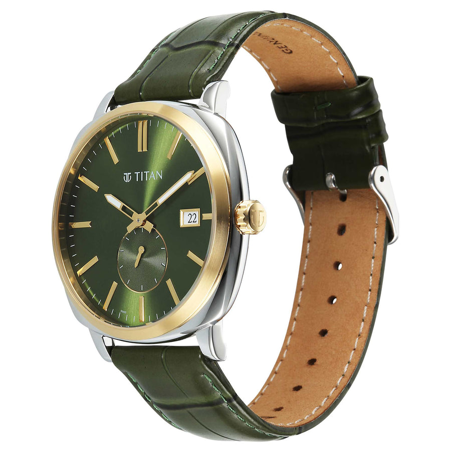 Titan Green Dial Leather Strap Analog with Date Watch for Men