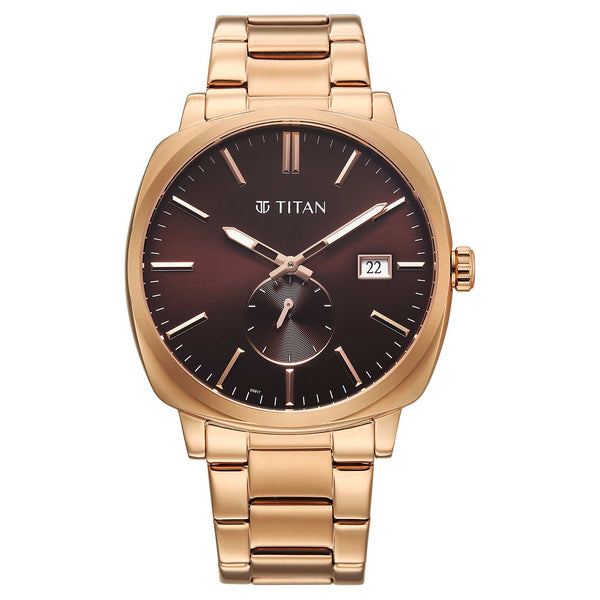 Titan Brown Dial Rose Gold Metal Strap Analog with Date Watch for Men