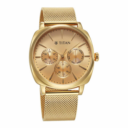 Titan Classique Suave Quartz Yellow Dial Golden Stainless Steel Mesh Strap Watch for Men