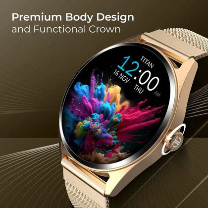 Titan Crest with 3.63 cm AMOLED Display with AOD, Functional Crown, BT Calling Smartwatch with Black Mesh Strap