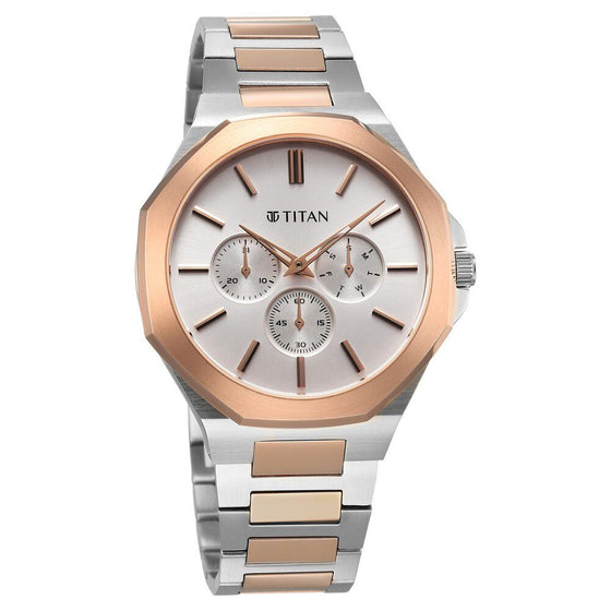 Titan Classic Slim Multifunction Multifunction Silver Dial Multicoloured Stainless Steel Strap Watch For Men