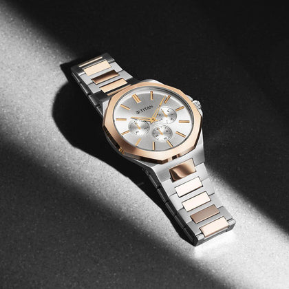 Titan Classic Slim Multifunction Multifunction Silver Dial Multicoloured Stainless Steel Strap Watch For Men