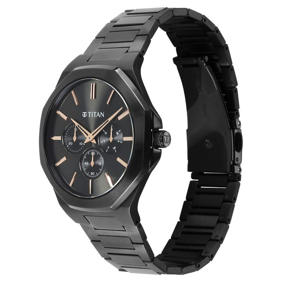Titan Classic Slim Multifunction Quartz Multifunction Black Dial Stainless Steel Strap Watch For Men