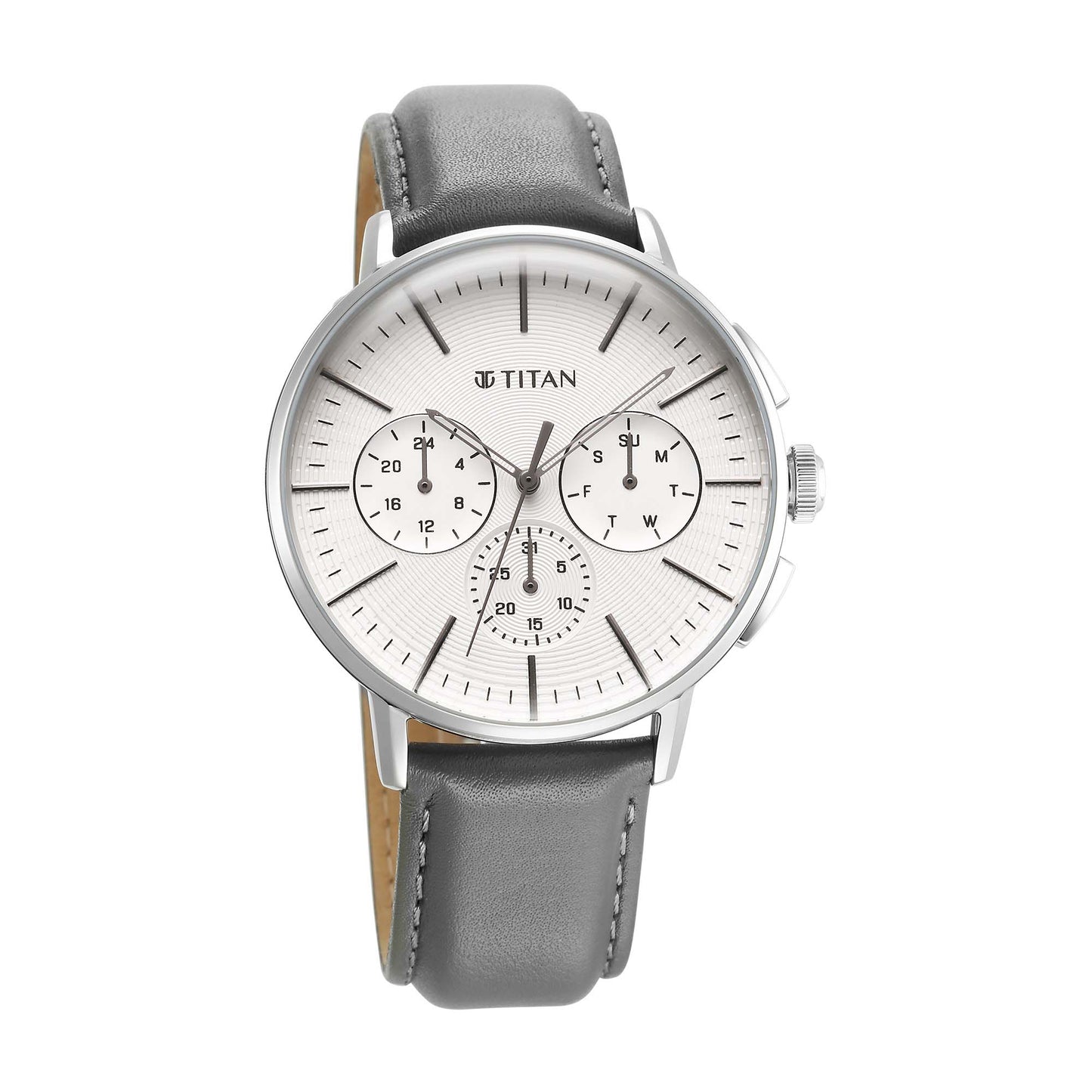 Titan Light leathers Multifunction Silver Dial Leather Strap Watch For Men (90200SL01)