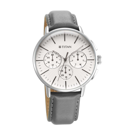 Titan Light leathers Multifunction Silver Dial Leather Strap Watch For Men (90200SL01)