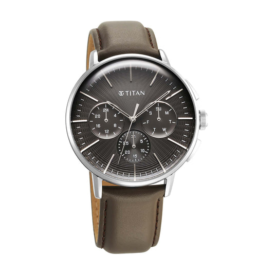 Titan Light leathers Multifunction Anthracite Dial Leather Strap Watch For Men (90200SL02)