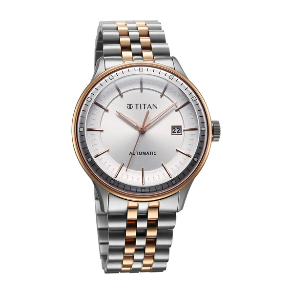 Titan Silver Dial Dual Color Stainless Steel Automatic with Date Watch for Men