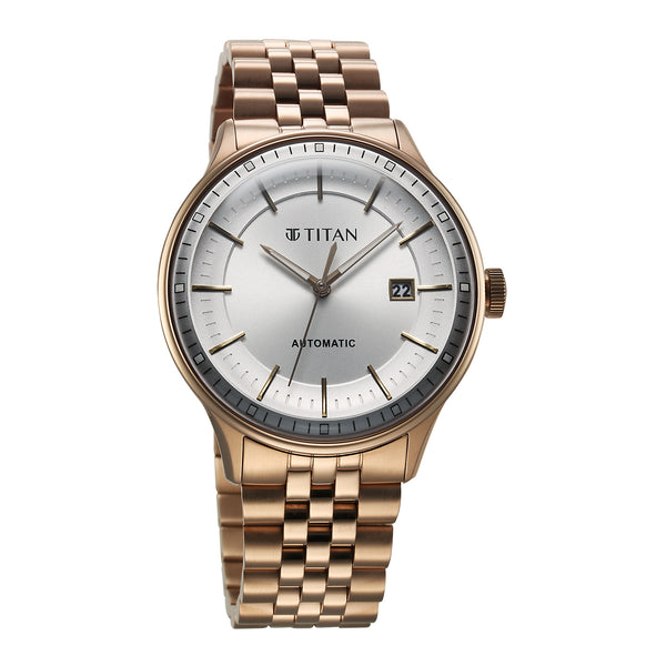 Titan Silver Dial Rose Gold Stainless Steel Automatic with Date Watch for Men