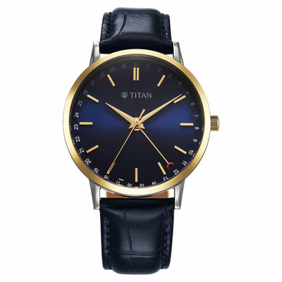 Titan Elegance Analog with Date by Hand and Blue Dial Blue Leather Strap Watch for Men