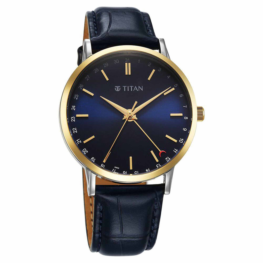 Titan Elegance Analog with Date by Hand and Blue Dial Blue Leather Strap Watch for Men