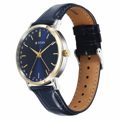 Titan Elegance Analog with Date by Hand and Blue Dial Blue Leather Strap Watch for Men