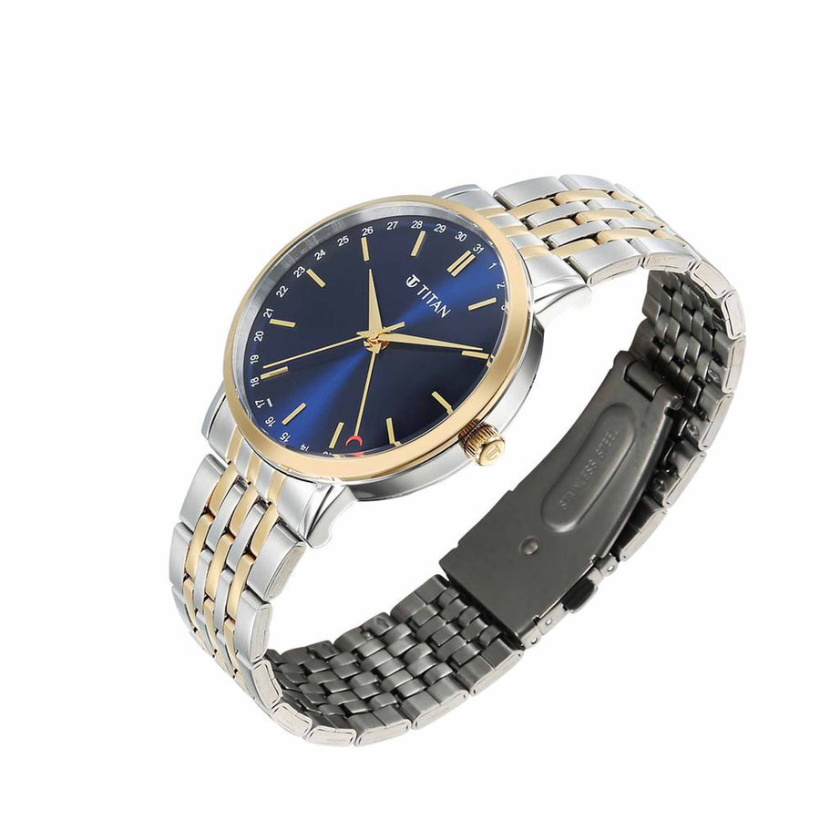 Titan Elegance Analog with Date by Hand and Blue Dial Stainless Steel Two Toned Strap Watch for Men