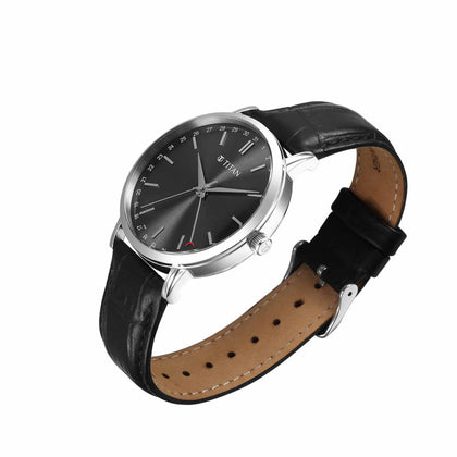 Titan Elegance Analog with Date by Hand and Dark Grey Dial Black Leather Strap Watch for Men