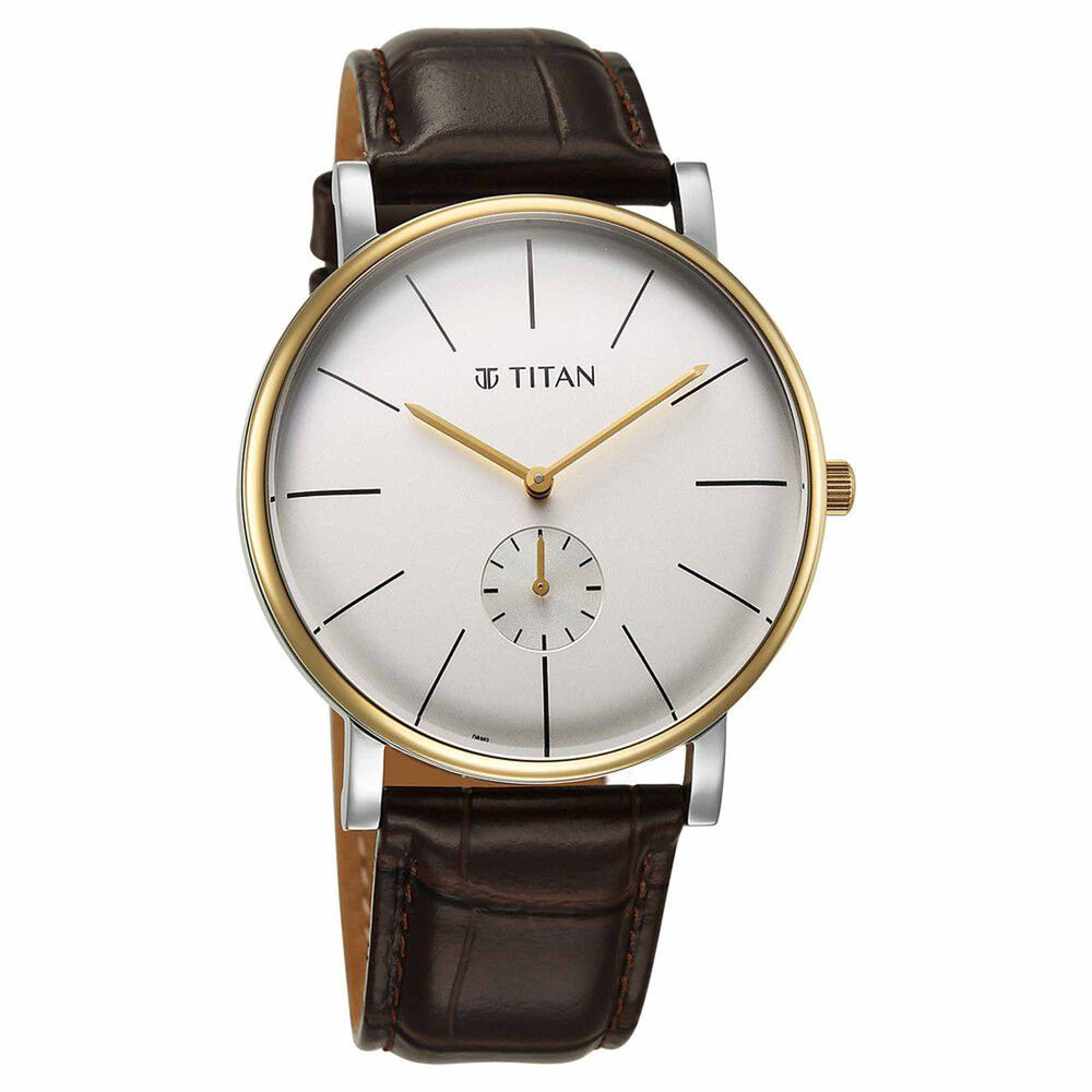 Titan Elegance Analog with Small Second and White Dial Brown Leather Strap Watch for Men