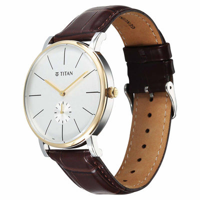 Titan Elegance Analog with Small Second and White Dial Brown Leather Strap Watch for Men