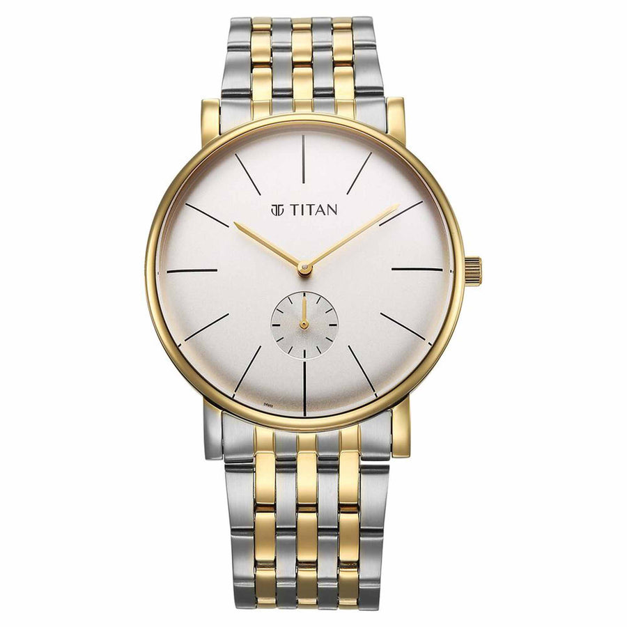 Titan Elegance Analog with Small Second and White Dial Stainless Steel Two Toned Strap Watch for Men