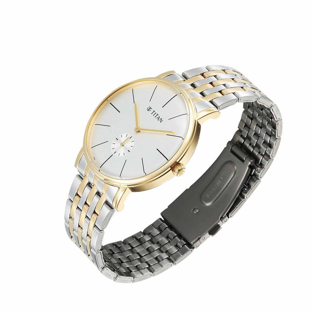 Titan Elegance Analog with Small Second and White Dial Stainless Steel Two Toned Strap Watch for Men
