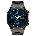 Sleek Titan Maestro premium metal smartwatch with a dark blue dial showing battery, steps, and date.