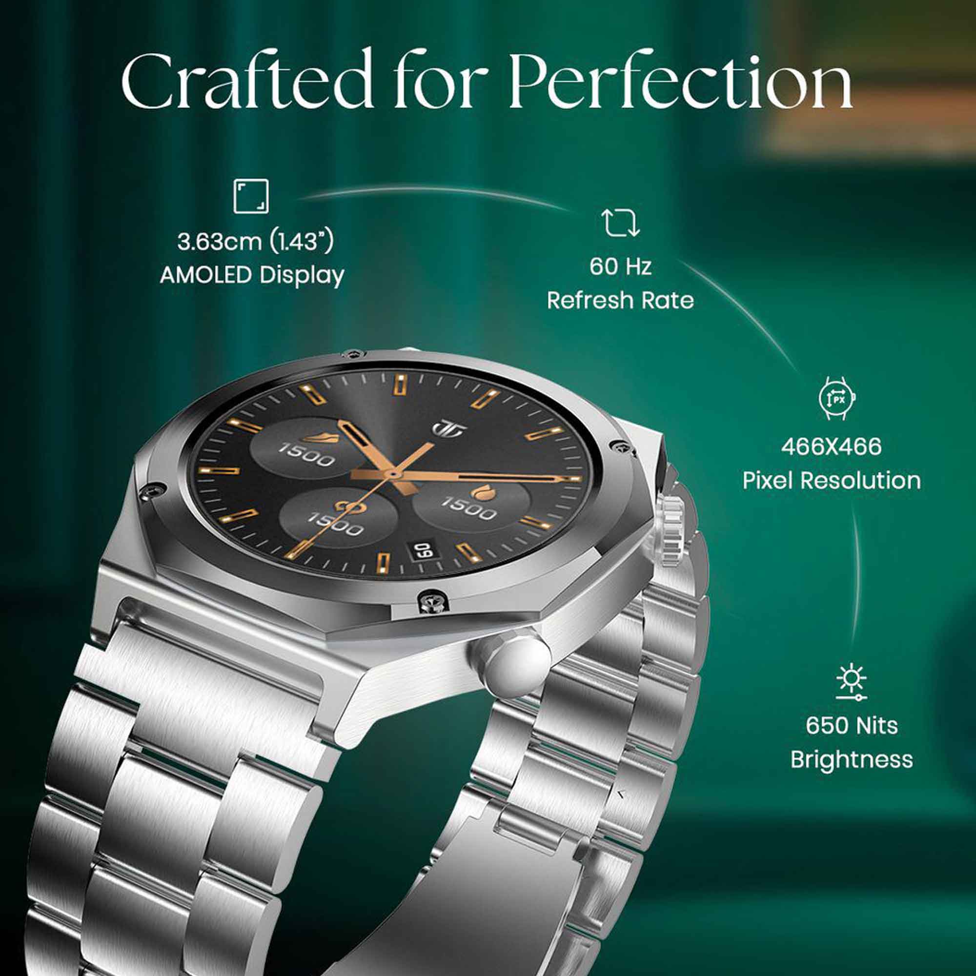 Premium Titan Maestro smartwatch showcasing an AMOLED display, a steel bracelet, & functional crown.